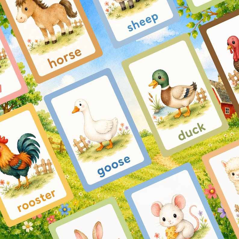 Printable Farm Animals Flashcards for Kids | Watercolor Montessori ...