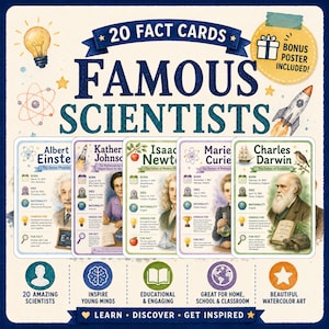 Może przedstawiać: Zestaw 20 kart edukacyjnych zatytułowanych Famous Scientists, zawierający akwarelowe ilustracje Alberta Einsteina, Katherine Johnson, Isaaca Newtona, Marii Skłodowskiej-Curie i Karola Darwina. Każda karta zawiera dane biograficzne, ikony i tekst.