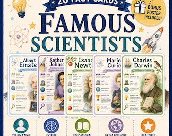 Op de afbeelding: Een set van 20 educatieve kaarten getiteld Famous Scientists, met aquarelillustraties van Albert Einstein, Katherine Johnson, Isaac Newton, Marie Curie en Charles Darwin. Elke kaart bevat biografische gegevens, iconen en tekst.