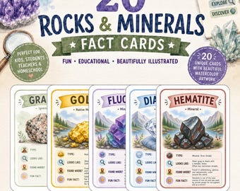 May include: A set of 20 Rocks & Minerals Fact Cards featuring watercolor illustrations of specimens like granite, gold, fluorite, diamond, and hematite. Each card includes sections for type, appearance, location, and fun facts with icons.