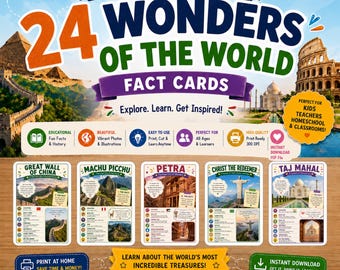 Op de afbeelding: Een set printbare educatieve kaarten getiteld 24 Wonders of the World. Het ontwerp bevat gekleurde tekst, iconen en vijf voorbeeldkaarten met de Chinese Muur, Machu Picchu, Petra, Christus de Verlosser en de Taj Mahal.