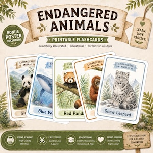 Può includere: Un set di flashcard stampabili con animali in via di estinzione. Ogni carta mostra un'illustrazione ad acquerello di un animale diverso, tra cui un panda, una balena, un panda rosso, un orangutan e un leopardo delle nevi. Le carte hanno il testo "Endangered Animals".