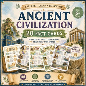 Op de afbeelding: Een printbare educatieve set over oude beschavingen met 20 feitenkaarten en een bonusposter. De omslag toont de tekst Ancient Civilization, 20 Fact Cards en Ages 6+. Illustraties bevatten historische bezienswaardigheden en kaarten.