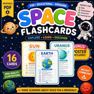 Pode incluir: Um conjunto de flashcards espaciais imprimíveis com ilustrações coloridas de planetas e um astronauta. Os cartões incluem fatos educativos sobre o Sol, a Terra e Urano, com etiquetas de texto e ícones num fundo azul escuro com estrelas.