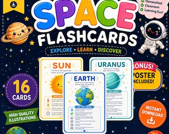 Op de afbeelding: Een set printbare ruimtevaart-flashcards met kleurrijke illustraties van planeten en een astronaut. De kaarten bevatten educatieve feiten over de zon, aarde en Uranus, met tekstlabels en iconen op een donkerblauwe achtergrond met sterren.