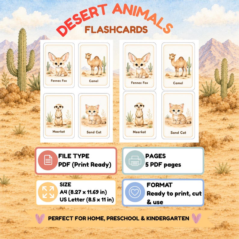 Desert Animals Flashcards Printable | 24 Watercolor Animal Cards ...
