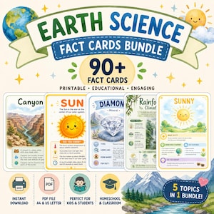 Op de afbeelding: Earth Science Fact Cards Bundle met meer dan 90 printbare educatieve kaarten. Vijf voorbeeldkaarten tonen onderwerpen zoals Canyon, Zon, Diamant, Regenwoudklimaat en Zonnig, voorzien van illustraties, feiten en iconen op een crèmekleurige achtergrond.