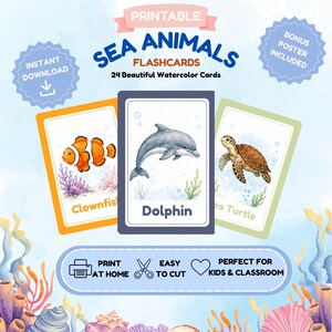May include: Set of printable sea animal flashcards with watercolour illustrations of a clownfish, dolphin, and sea turtle. Each card has the animal's name printed below. The text "Sea Animals Flashcards" is at the top, with a bonus poster included.