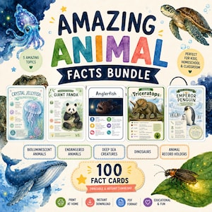 Può includere: Un set educativo digitale intitolato Amazing Animal Facts Bundle contenente 100 schede informative stampabili. Il design include illustrazioni ad acquerello di un calamaro, una tartaruga marina, una balena e una lucciola, insieme a cinque schede campione per una medusa, un panda, un pesce rana, un triceratopo e un pinguino.