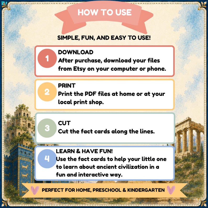 Op de afbeelding: Een instructieve afbeelding met de titel HOW TO USE met vier stappen: 1 DOWNLOAD, 2 PRINT, 3 CUT en 4 LEARN & HAVE FUN. De tekst legt het proces uit van het downloaden, printen en knippen van kaartjes over oude beschavingen voor educatief gebruik.