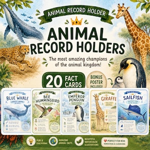 May include: A set of 20 animal fact cards titled Animal Record Holders, featuring watercolor illustrations of a blue whale, bee hummingbird, emperor penguin, giraffe, and sailfish. The cards include text about animal records and a bonus poster.