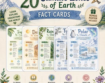 Op de afbeelding: Een set van 20 klimaatkaarten van de aarde met aquarelillustraties van diverse omgevingen. De kaarten bevatten teksten met feiten, temperaturen, neerslag en locaties, inclusief een bonusposter voor educatieve doeleinden.