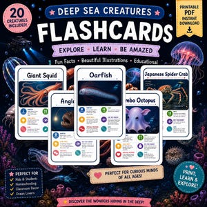 Puede incluir: Un conjunto de tarjetas didácticas de criaturas de las profundidades marinas con ilustraciones y datos sobre la vida marina. Las tarjetas muestran texto como Giant Squid, Oarfish y Japanese Spider Crab. El fondo muestra un océano oscuro.