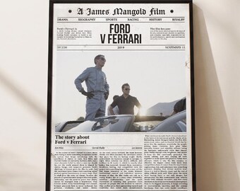 Ford v Ferrari Poster, Movie Art Print, Newspaper Style, Racing Cinema Decor