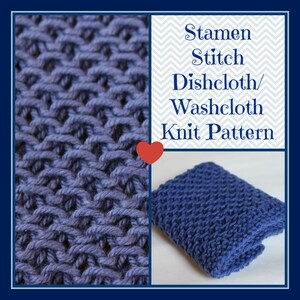 May include: A blue knitted washcloth made using the Stamen stitch. The image shows a close-up of the stitch pattern and a folded washcloth.
