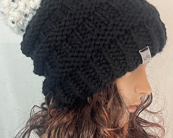 Knit Cole Hat in Soft black with removable Pom Pom, Knit Hat , Knit Beanie  (KH-046) Standard Size ~ Fits Most