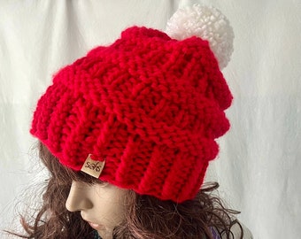 Knit Cole Hat in Red with white removable Pom Pom, Knit Hat , Knit Beanie ~ Standard Size ~ Fits Most