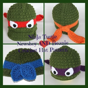 Puede incluir: Cuatro gorros de ganchillo en diferentes colores, cada uno con un diseño diferente. Los gorros están inspirados en las Tortugas Ninja. Los gorros están etiquetados "Ninja Turtle Newsboy AND Beanie Crochet Hat Pattern".