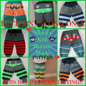 Pode incluir: Uma colagem digital de imagens mostrando diferentes padrões de calças de monstro de tricô. O texto "Mindy's Knit Monster Pants Pattern" está no centro da colagem.