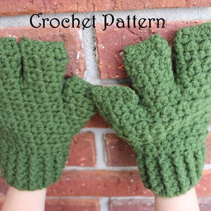May include: A pair of green fingerless crochet gloves. Crochet Pattern.