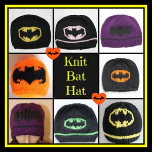 May include: Nine knitted hats with a black Batman logo in different colors, including black, purple, orange, and green. The hats are arranged in a collage with the text "Knit Bat Hat" in the center.