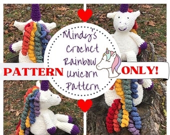 May include: A crochet pattern for a rainbow unicorn. The pattern is called "Mindy's Crochet Rainbow Unicorn Pattern" and is available for purchase.
