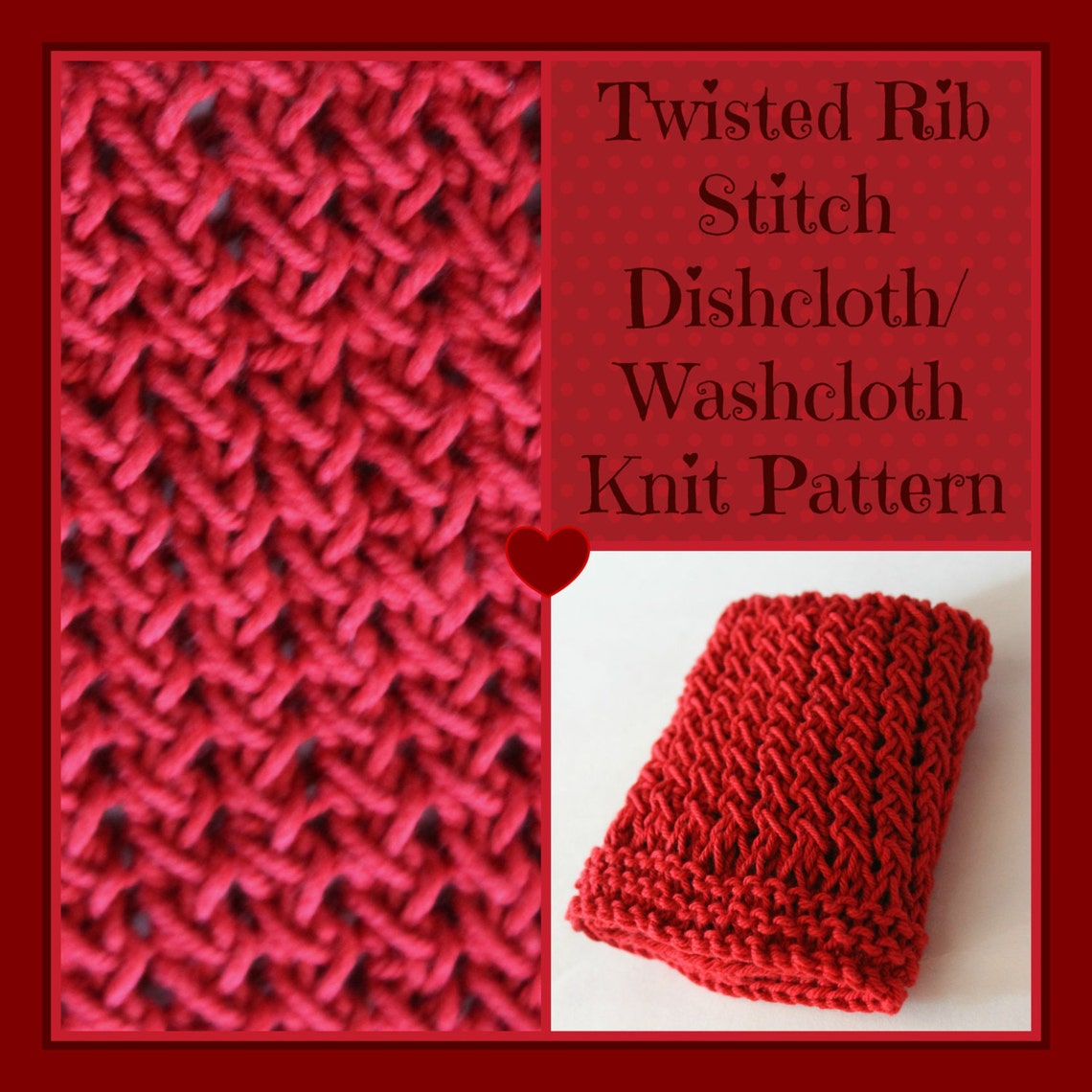 Knit PATTERN Twisted Rib Stitch Dishcloth Wash Cloth Instant