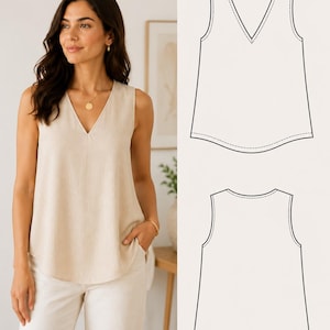May include: A sleeveless beige V-neck tank top with a curved hemline, shown on a model and in a technical line drawing. The text S - 5XL is visible in the top left corner, indicating the available size range for this garment.