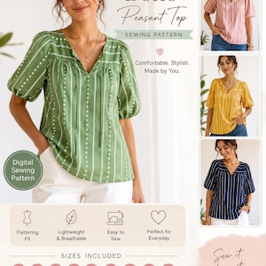 May include: A woman wearing a green and white striped Boho Peasant Top. The image is a digital sewing pattern with sizes XS to 5XL. The pattern is beginner-friendly, lightweight, breathable, and easy to sew. The text says, "Sew it. Love it. Wear it."