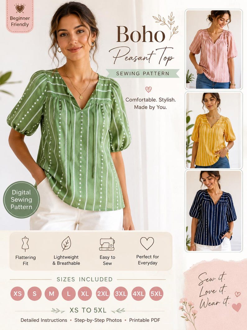 May include: A woman wearing a green and white striped Boho Peasant Top. The image is a digital sewing pattern with sizes XS to 5XL. The pattern is beginner-friendly, lightweight, breathable, and easy to sew. The text says, "Sew it. Love it. Wear it."
