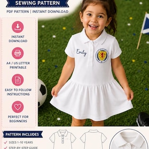 Può includere: Modello di cucito per abito polo bianco per bambini, taglie 1-10 anni. L'immagine mostra una bambina che indossa l'abito, con il nome "Emily" ricamato sul petto. Il modello include istruzioni passo passo ed è un download PDF.
