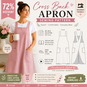 May include: A pink cross-back apron sewing pattern with two side pockets. The image includes a woman wearing the apron and a diagram of the apron's front and back. The text says "Easy to sew for beginners."
