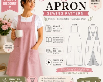 Women Apron Dress Sewing Pattern PDF, Cross Back Linen Apron Pattern, Japanese Pinafore Apron, Printable A0 A4 US Letter, XS-3XL