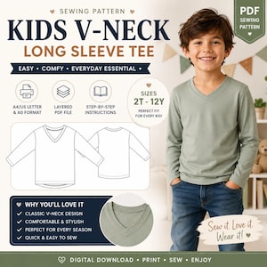 Può includere: Un modello di cucito digitale per una maglietta a maniche lunghe Kids V-Neck. L'immagine mostra un ragazzo con una maglietta verde a maniche lunghe e un diagramma della maglietta. Il modello è disponibile nelle taglie 2T-12Y.
