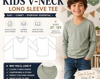 Kids V Neck Shirt Sewing Pattern PDF | Long Sleeve Tee Pattern | Baby Toddler Kids Top | Beginner Friendly | A4 US Letter A0 PDF | 2T-12Y