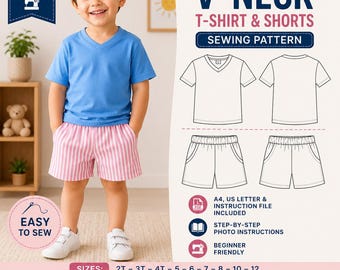 Boys V Neck T Shirt & Shorts Sewing Pattern PDF | Kids Summer Outfit Pattern | 2T-12 | Printable Sewing Pattern | Beginner PDF