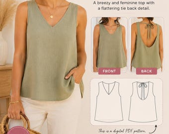 Women’s Tie Back Top Sewing Pattern PDF, Sleeveless Summer Blouse Pattern, Open Back Shirt Pattern, Instant Download PDF