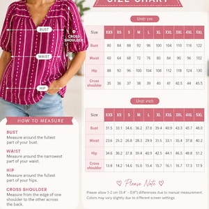 May include: A magenta Boho Peasant Top with a V-neck and short sleeves. The image includes a size chart with measurements in inches and centimeters for bust, waist, hip, and cross shoulder. The text also includes "Made with Love" and "Flattering for Every Body."