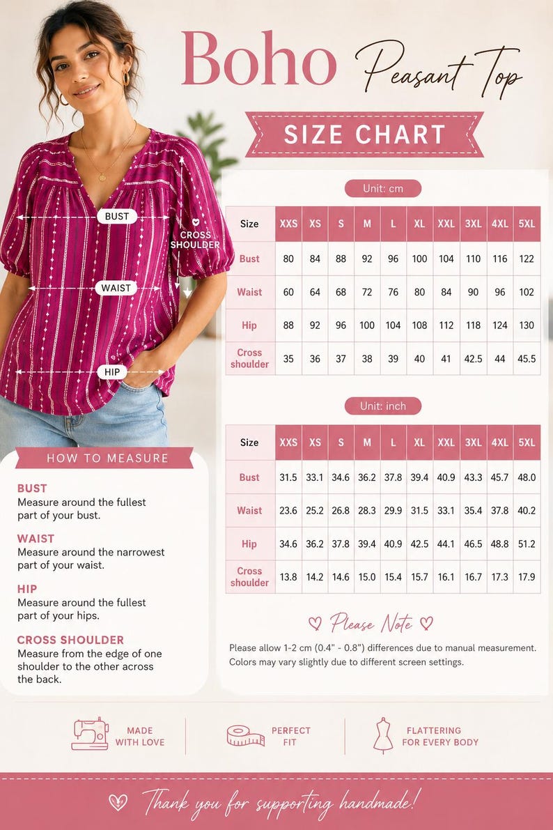 May include: A magenta Boho Peasant Top with a V-neck and short sleeves. The image includes a size chart with measurements in inches and centimeters for bust, waist, hip, and cross shoulder. The text also includes "Made with Love" and "Flattering for Every Body."