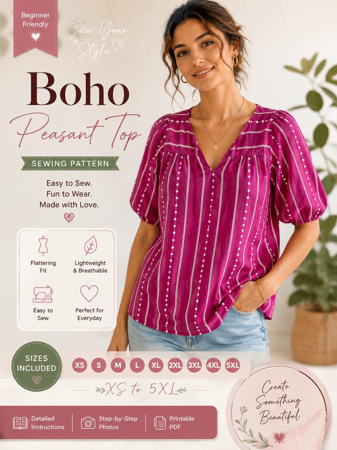 Women Boho Top Sewing Pattern PDF | Peasant Blouse Pattern XS-5XL | Easy Puff Sleeve Shirt