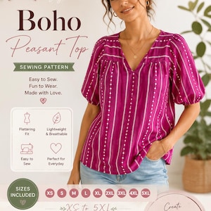 Könnte beinhalten: Eine Frau präsentiert ein magentafarbenes Boho-Peasant-Top. Das Schnittmuster umfasst die Größen XS bis 5XL. Das Oberteil hat vertikale weiße Streifen und einen V-Ausschnitt. Das Bild enthält den Text "Beginner Friendly" und "Sew Your Style".