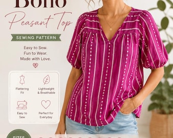 Women Boho Top Sewing Pattern PDF | Peasant Blouse Pattern XS-5XL | Easy Puff Sleeve Shirt Pattern | Digital Download