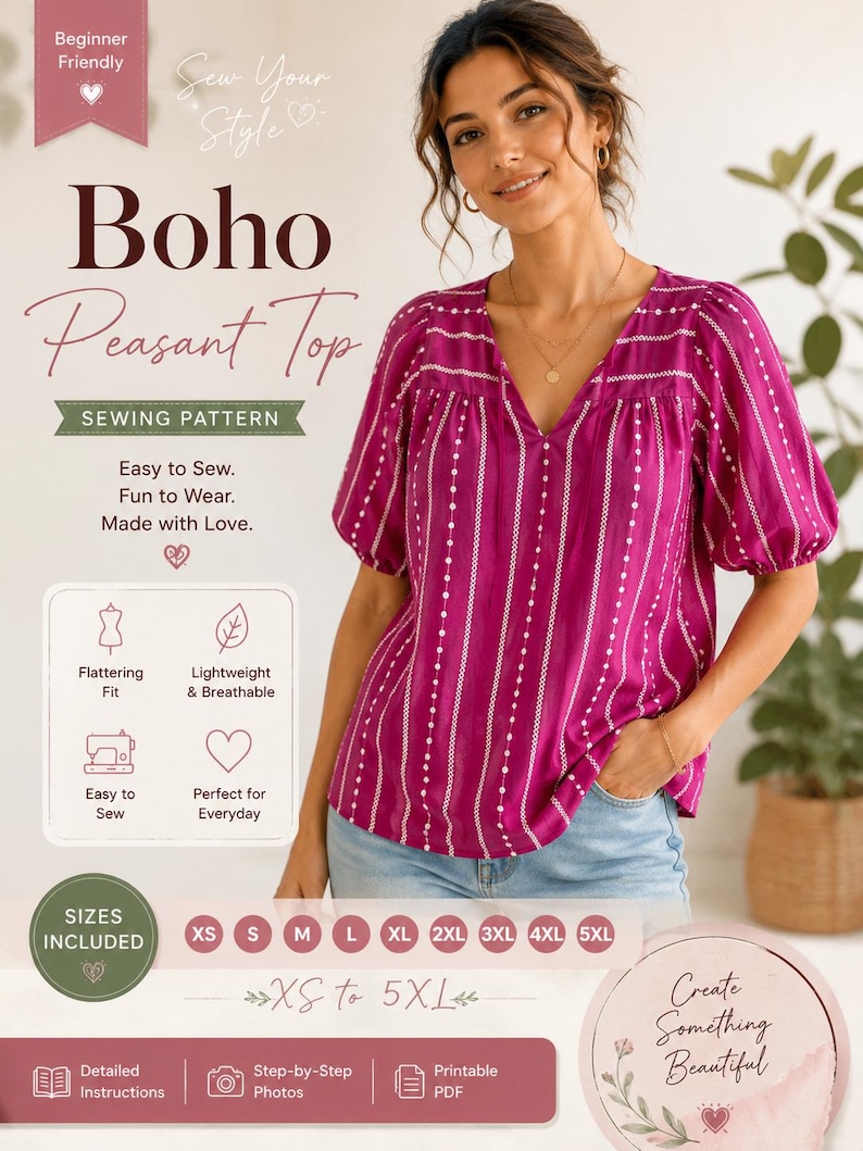 May include: A woman models a magenta Boho Peasant Top. The sewing pattern includes sizes XS to 5XL. The top features vertical white stripes and a V-neck. The image includes text that says "Beginner Friendly" and "Sew Your Style".