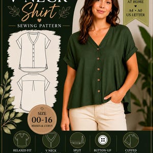 Women’s V Neck Shirt Sewing Pattern PDF | Loose Fit Button Front Top Pattern | Sizes 00-16 | A4 A0 Copy Shop Projector Sewing Pattern