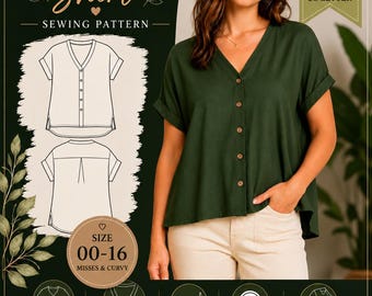 Women’s V Neck Shirt Sewing Pattern PDF | Loose Fit Button Front Top Pattern | Sizes 00-16 | A4 A0 Copy Shop Projector Sewing Pattern