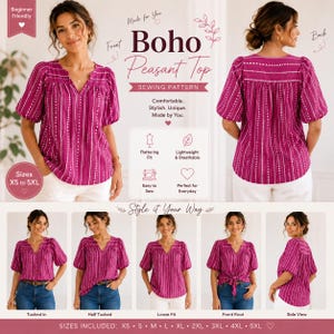 May include: A magenta Boho Peasant Top sewing pattern with vertical white stripes. The top features a V-neck, short sleeves, and is shown in multiple styling options. Sizes XS to 5XL are included. The text says "Comfortable. Stylish. Unique. Made by You."
