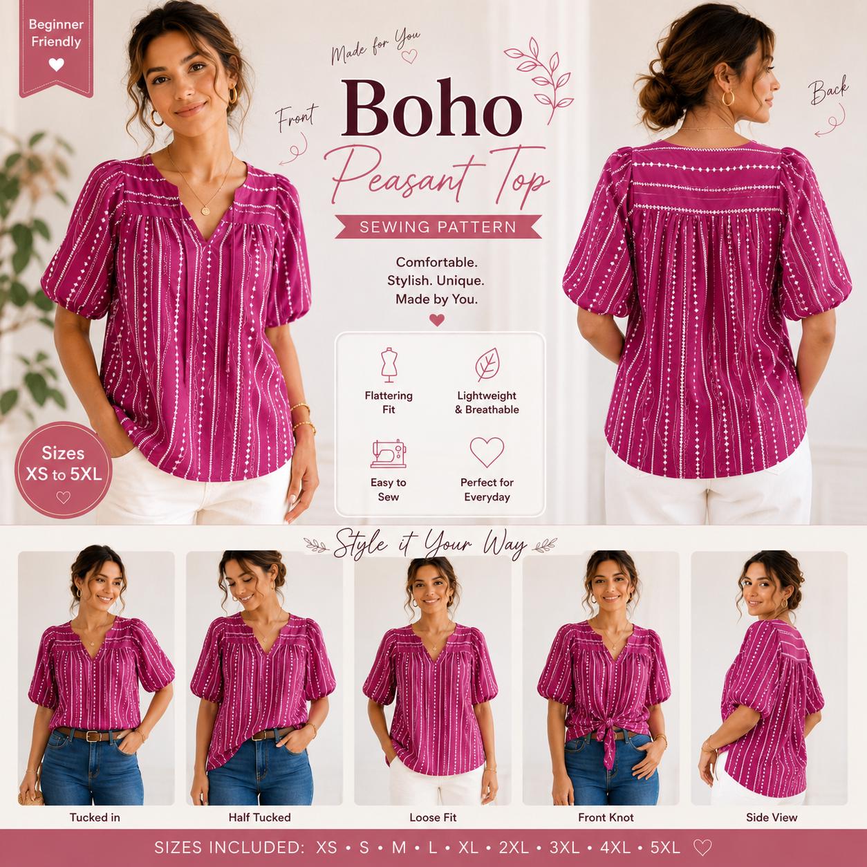 Women Boho Top Sewing Pattern PDF | Peasant Blouse Pattern XS-5XL ...