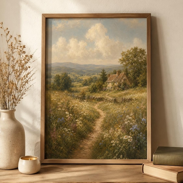 Vintage weidelandschapsprint, Cottagecore Farmhouse-muurkunst, afdrukbaar landschapsschilderij, digitale download