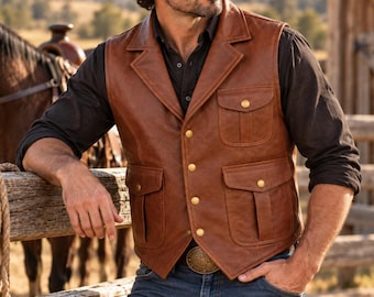 Peut inclure: Un gilet en cuir marron doté d'un revers cranté, d'une fermeture boutonnée avec des boutons dorés et de quatre poches avant à rabat boutonné. Le gilet est porté sur une chemise noire à manches longues et un jean bleu en denim.