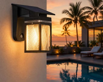 Solar LED-wandlamp voor buiten, moderne zwarte lantaarn voor tuinhek, terras, veranda, poort, erf en entree.